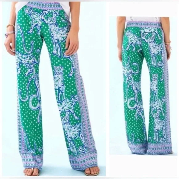 Lilly Pulitzer Bal Harbour Palazzo Pants in "Emerald Isle On The Prowl" Print - Picture 2 of 8